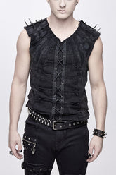 Gilet Punk pour Homme en Cuir à Grain Grossier Noir Patchwork Non Bordié avec Longs Clous Pointus Délavés